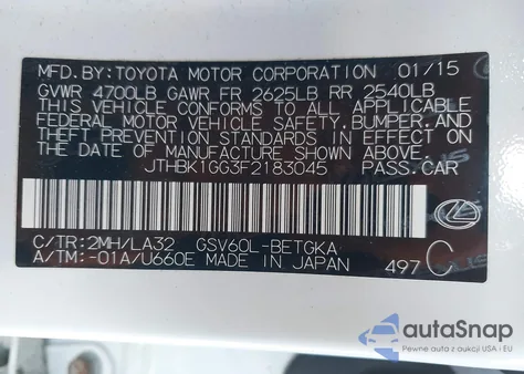 2015 Lexus Es 350 Crafted Line z USA, uszkodzony, nr VIN JTHBK1GG3F2183045